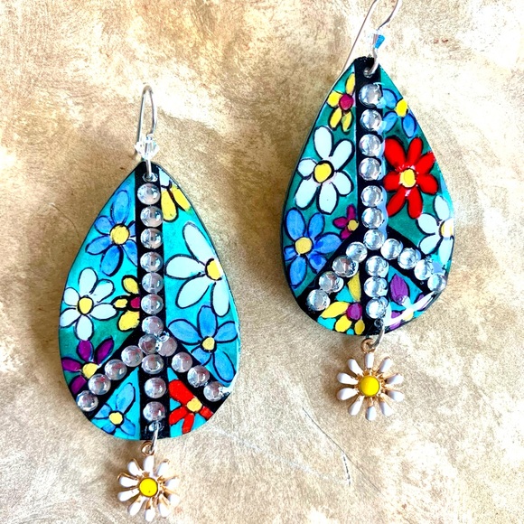 PEACE signs Bright Flower 60’s Original Handpainted Earrings Sterling - Picture 2 of 3